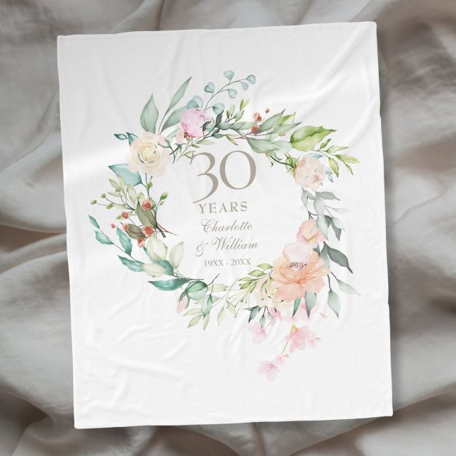 Cobertor De Velo Aniversário de Casamento de Pérola de 30 anos com  (30th Pearl Wedding Anniversary Floral Garland Fleece Blanket)
