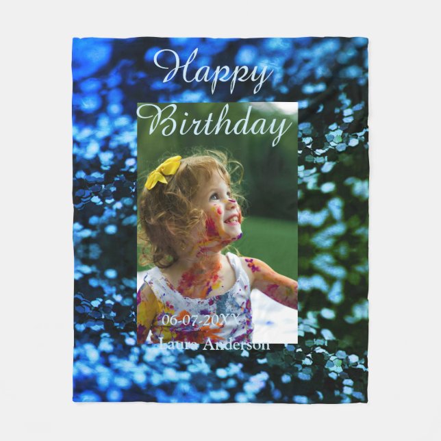 Cobertor De Velo Aniversário de criança de fotos azul verde-brilhan (Frente)