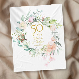 Cobertor De Velo Aniversário do Casamento do Ouro 50 Watercolor Flo