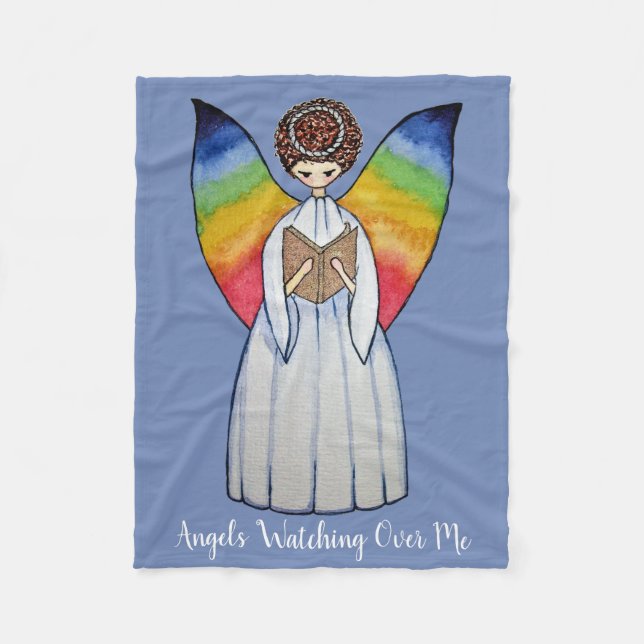 Cobertor De Velo Anjo De Aquarela Com Asas Arco-Íris Lendo Um Livro (Frente)