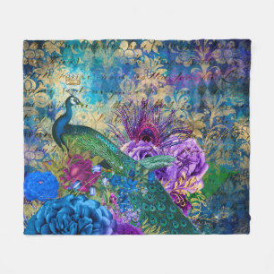 Cobertor De Velo Antigo Pavão Ilustrado e Flores Grunge