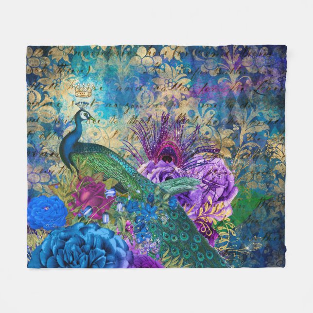 Cobertor De Velo Antigo Pavão Ilustrado e Flores Grunge (Frente (Horizontal))