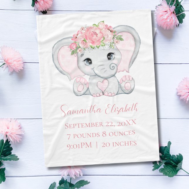 Cobertor De Velo Aposta De Nascimento Bebê-Elefante Rosa Bebê-Bebê- (Pink elephant Personalized Birth Stats baby blanket. Gift for Baby girl.)