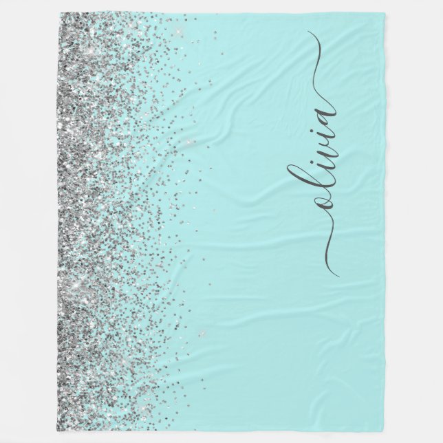 Cobertor De Velo Aqua Azul Verde Água Prateado Glitter Monograma (Frente)
