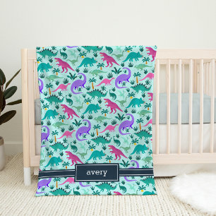 Cobertor De Velo Aqua   Nome das Crianças de Padrão de Dinossauro C