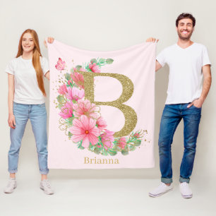 Cobertor De Velo Aquarela Dourada e Monograma Floral Letra B