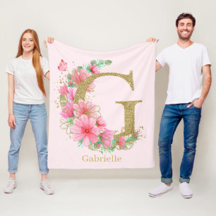 Cobertor De Velo Aquarela Dourada e Monograma Floral Letra G