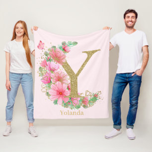 Cobertor De Velo Aquarela Dourada e Monograma Floral Letra Y