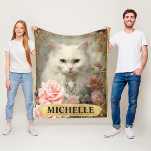 Cobertor De Velo Aquarela Gato Branco Vintage e Rosas Pink