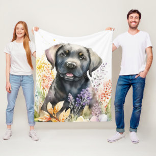 Cobertor De Velo Aquarela Labrador Retriever Preto e Flores