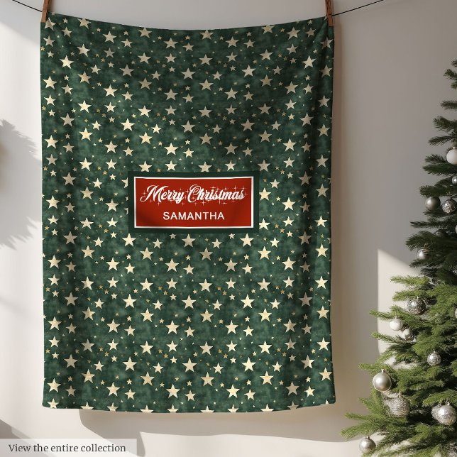 Cobertor De Velo Aquarela Profundamente Verde Dourada Storas Festiv (Watercolor Deep Green Gold Stars Festive Blanket)