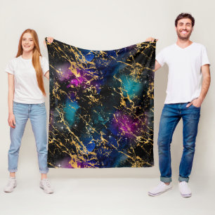 Cobertor De Velo Arco-íris Aquarela & Mármore Preto e Dourado Galáx