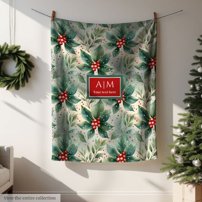 Cobertor De Velo Aromas de aquarela, amoras ocas, Natal (Watercolor muted colors holly berries Christmas Fleece Blanket)