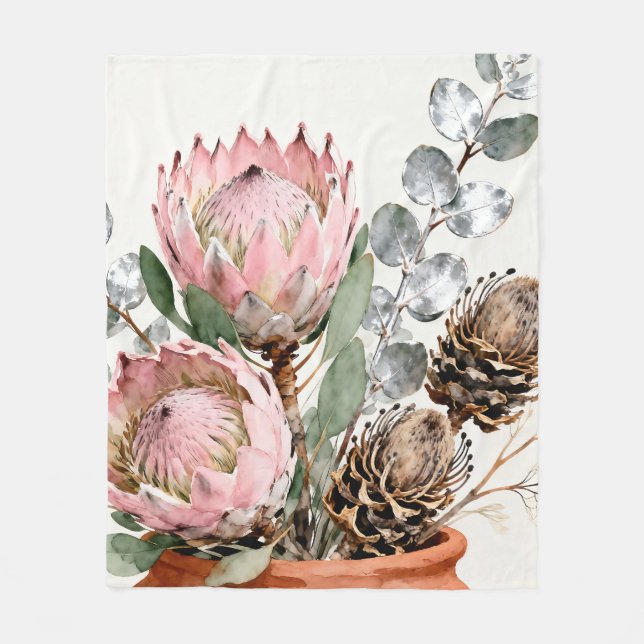 Cobertor De Velo Arranjo de Protea Eucalipto em Aquarela (Frente)