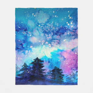 Cobertor De Velo Arte espacial em aquarela com céu noturno e árvo