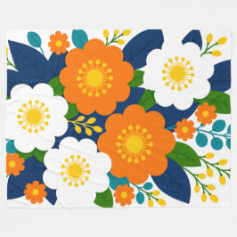 Cobertor De Velo Arte Floral Colorido com Flores de Laranja e Branc