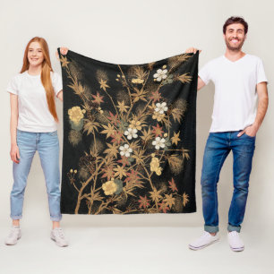 Cobertor De Velo Arte Floral Outonal em Preto e Dourado Japonês Vin