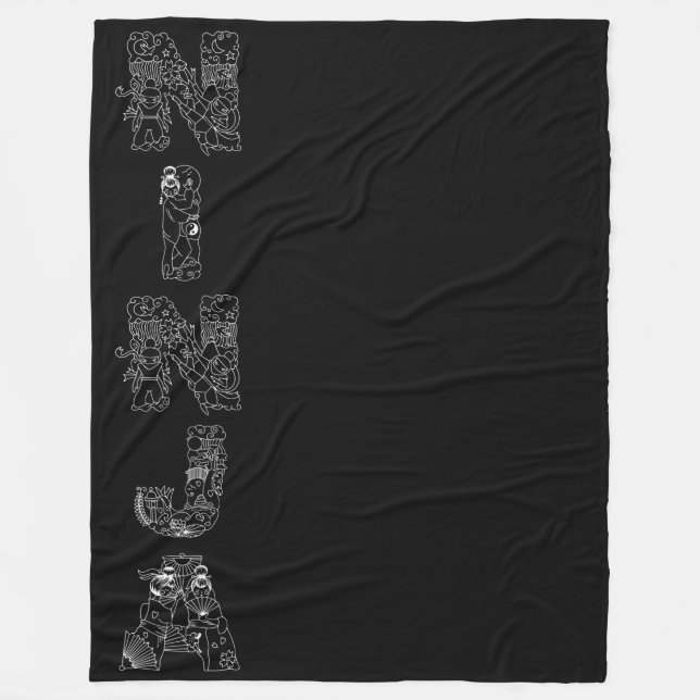 Cobertor De Velo Arte Ninja Branca Textual Em Preto (Frente)