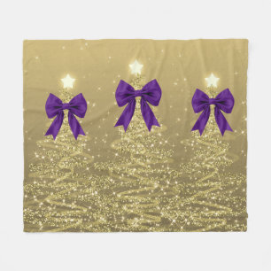 Cobertor De Velo Árvores Brilhantes de Natal Douradas com Laço Roxo