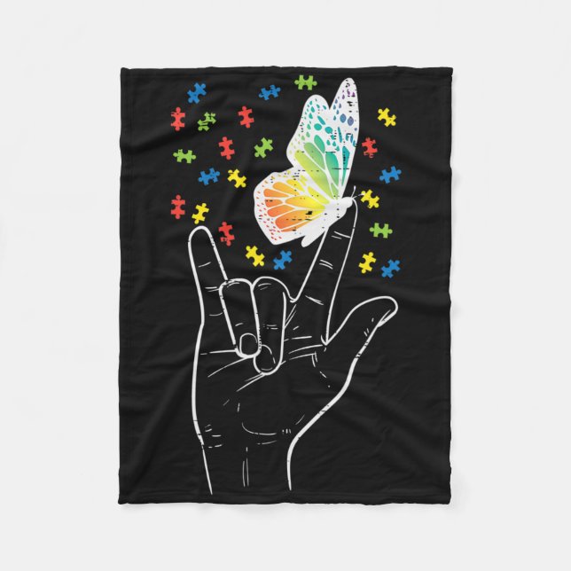 Cobertor De Velo Asl Love Sinal Butterfly Quebra-cabeça Autism Awar (Frente)