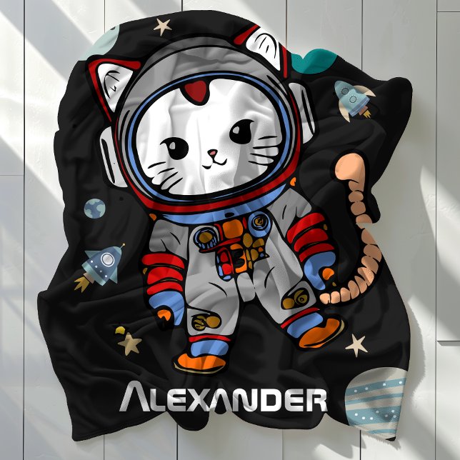 Cobertor De Velo Astronauta Personalizado Aventura de Gato para Cri (Personalized Astronaut Cat Space Adventure for Kid Fleece Blanket )