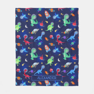 Cobertor De Velo Astronautas Dinossauros Aquarela No Espaço Azul