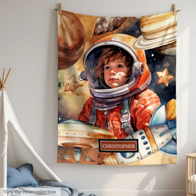Cobertor De Velo Astronautas e Planetas Crianças Personalizadas em  (Astronaut and Planets Blanket Personalized for Kids

)