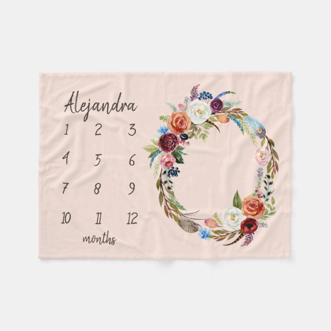Cobertor De Velo Autumn Boho Blooms Monograma Baby Milestone Foto (Frente (Horizontal))