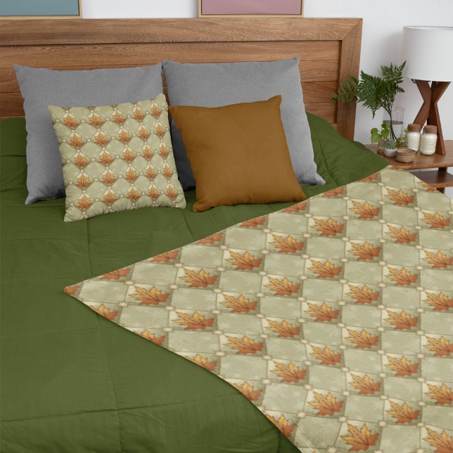 Cobertor De Velo Autumn Leaves com Padrão de Diamante de Estrelas (Autumn Leaves with Stars Diamond Pattern Fleece Blanket Shown with Matching Pillow.)