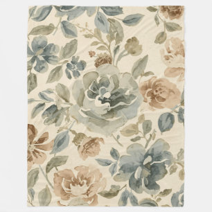 Cobertor De Velo Azul Antigo Marrom Sage Bege Floral Aquarela