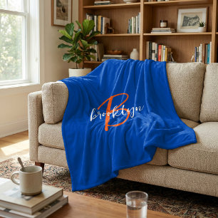 Cobertor De Velo Azul Cobalto Laranja Branco Monograma Nome Rascunh