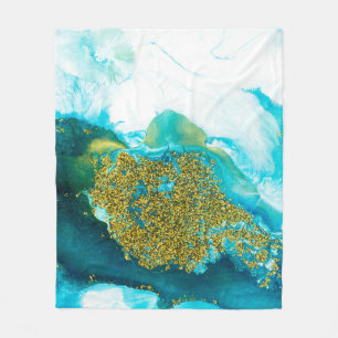 Cobertor De Velo Azul com arte fluida com brilho dourado, abstração