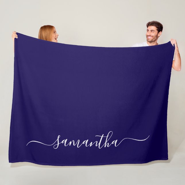 Cobertor De Velo Azul Escuro e Branco Nome com Assinatura Elegante  (In Situ)