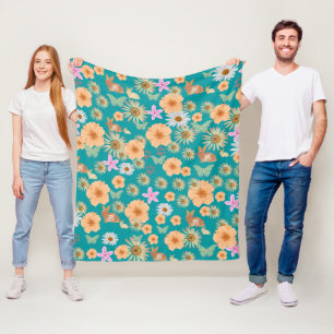 Cobertor De Velo Azul floral e coelho adorável