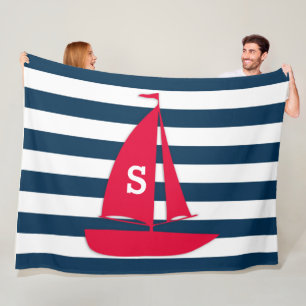 Cobertor De Velo Azul Marinho Listras Brancas Monograma Vermelho Ba