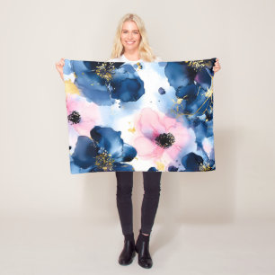 Cobertor De Velo Azul Naval Bege Rosa Dourado Floral Aquarela