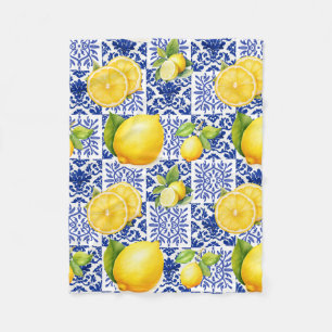 Cobertor De Velo Azulejo Azul Branco com Padrão de Limão Mediterrân