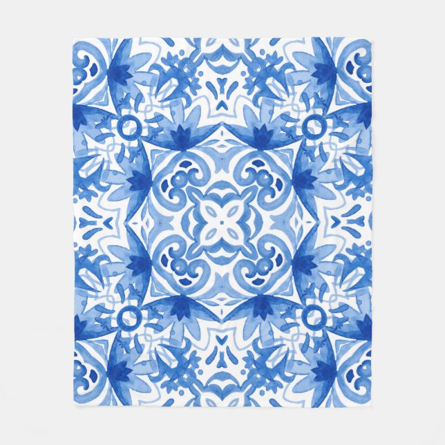 Cobertor De Velo Azulejo branco azul, padrão uniforme de aquarela. (Frente)