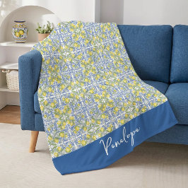 Cobertor De Velo Azulejo com padrão limão cítrico azul mediterrâneo