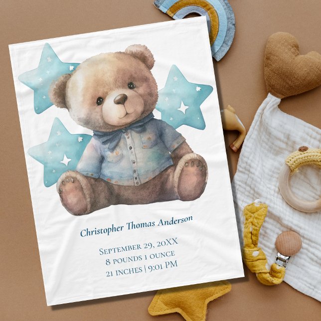 Cobertor De Velo Baby Blanket Birth Stats Bear Bear Blue Boy Gift (Criador carregado)
