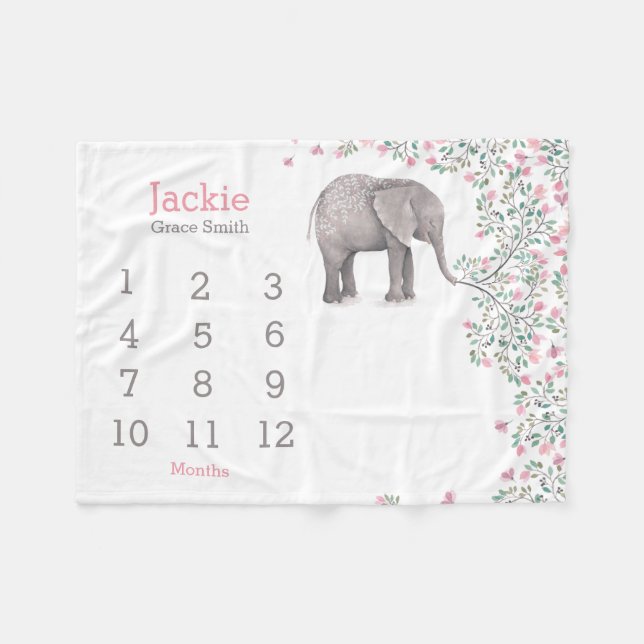 Cobertor De Velo baby mijlpaal deken met lieve olifant roze grijs (Frente (Horizontal))