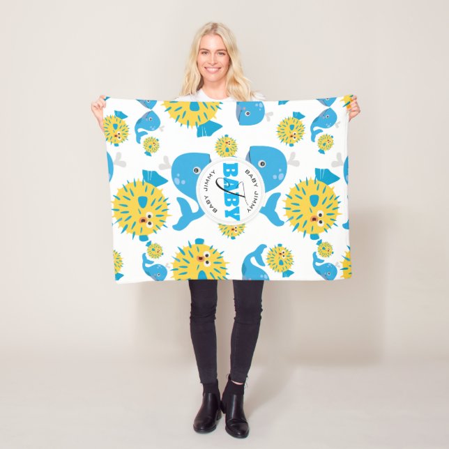 Cobertor De Velo Baleia e Blowfish Cartoon Baby Monograma (In Situ)