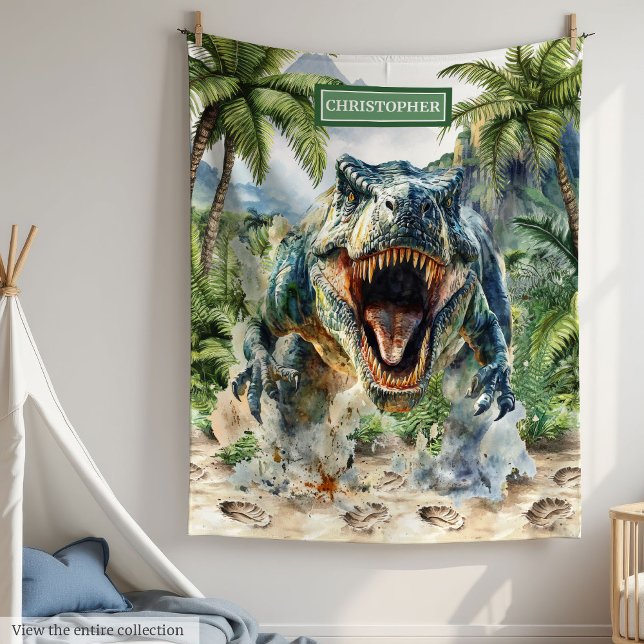 Cobertor De Velo Banheira Tyrannosaurus Dinosaur Personalizada (Bold Tyrannosaurus Dinosaur Blanket Personalized Name)