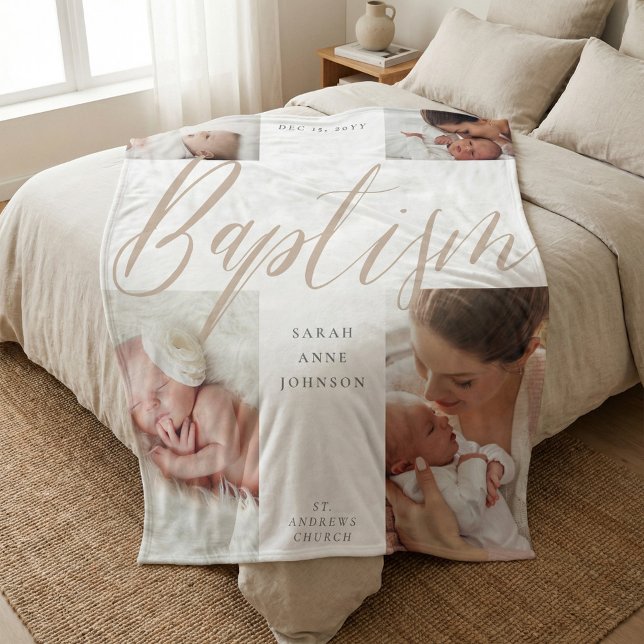 Cobertor De Velo Baptism Gold Calligraphy Photo Collage Keepsake (Baptism Gold Calligraphy Photo Collage Keepsake Fleece Blanket)