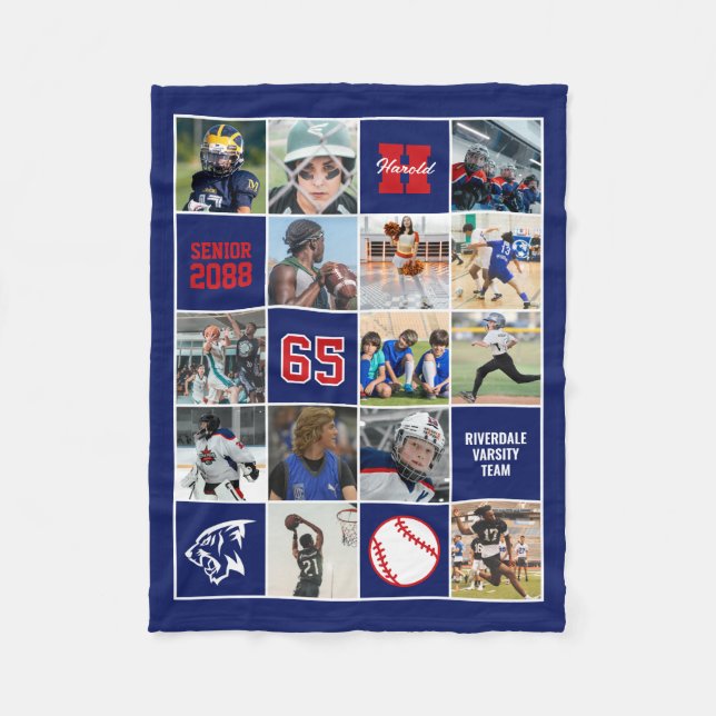 Cobertor De Velo Baseball Team Senior Night Custom Photo Blue Red (Frente)