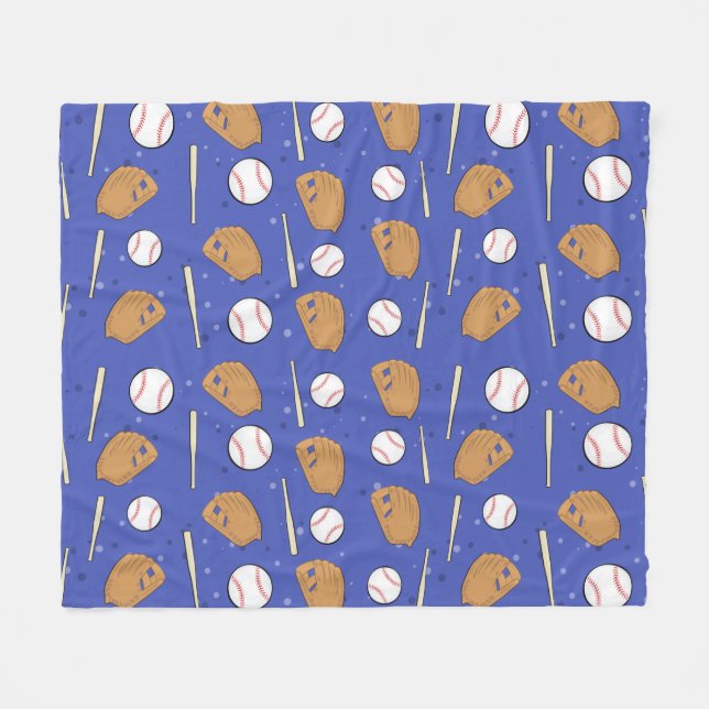 Cobertor De Velo Basebol - Luvas, Bolas e Tacos em Fundo Azul (Frente (Horizontal))