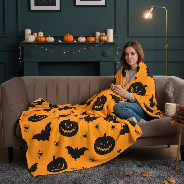 Cobertor De Velo Bats, pumpkin heads and spiders Halloween Plush (Bats, pumpkin heads and spiders Halloween Plush Fleece Blanket)
