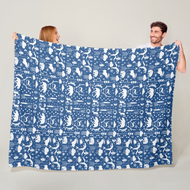 Cobertor De Velo Bear Deer Fox Raccoon Folk Art Fleece (In Situ)