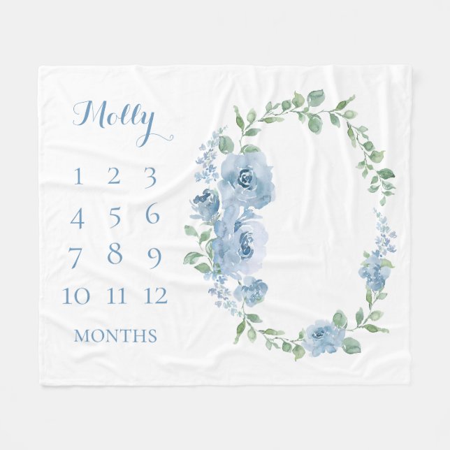 Cobertor De Velo Bebês Meses Azul Monograma Floral (Frente (Horizontal))