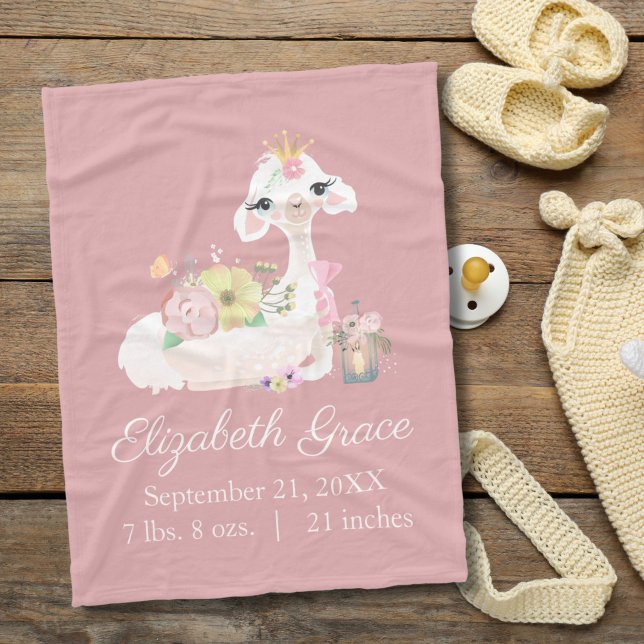 Cobertor De Velo Beijo de Llama Rosa e Flores Brancas Bonito (Pink Llama birth stats  baby blanket)